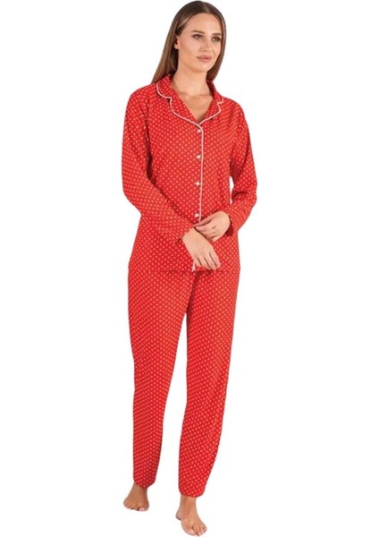Puantiye Desen Boydan Düğmeli Süet Bayan Pijama Takım