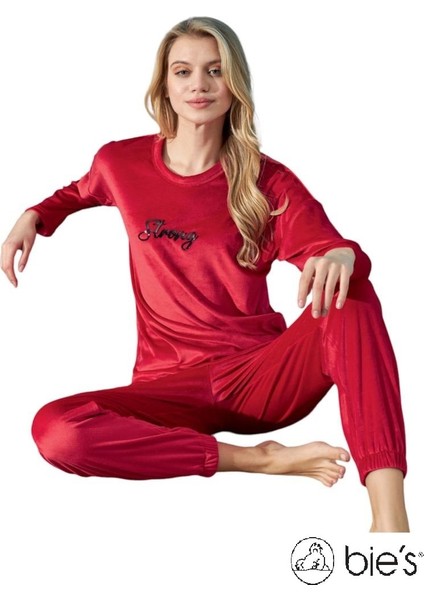 Kadın Bisiklet Yaka Fransız Kadife Düşük Omuz Bilek Manşetli Uzun Kol Spor Takım - Homewear
