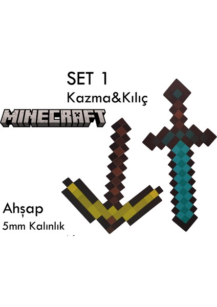 Minecraft Kılıç ve Kazma Birarada Ahşap Oyuncak