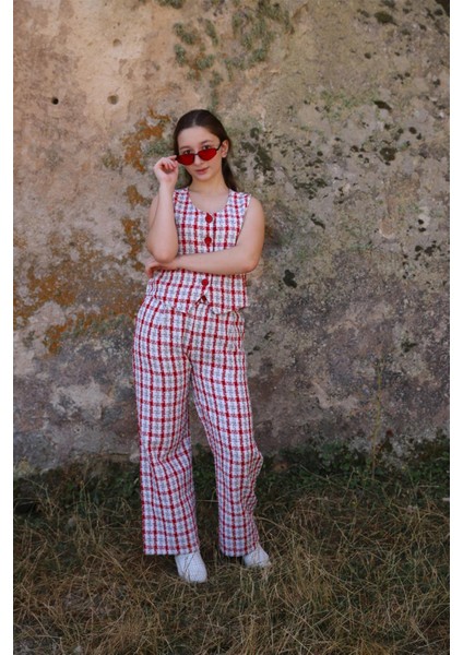 05-14 Yaş Kız Çocuk Kırmızı Renk Yelek Pantolon Takım