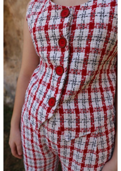 05-14 Yaş Kız Çocuk Kırmızı Renk Yelek Pantolon Takım fırsatları