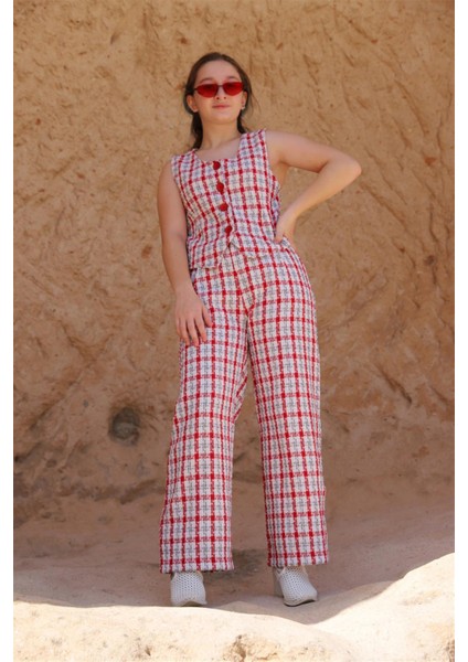 05-14 Yaş Kız Çocuk Kırmızı Renk Yelek Pantolon Takım indirimleri