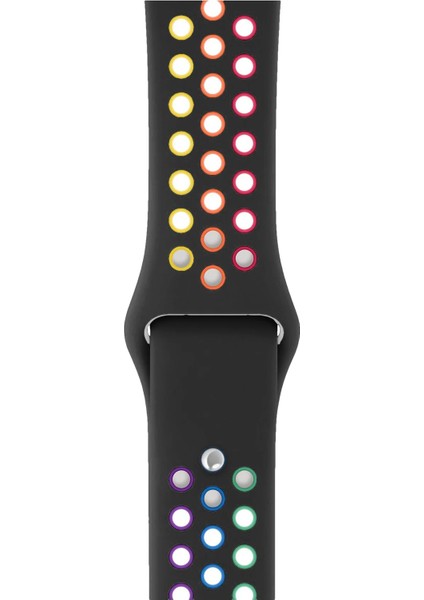 Watch 2 3 4 5 6 7 8 9 Se 38 40 41MM Uyumlu Delikli Spor Silikon Kordon Black Rainbow