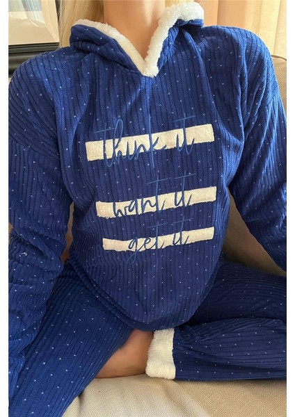 Lacivert Three Line Desenli Kapşonlu Peluş Polar Pijama Takımı