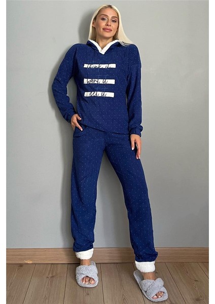 Lacivert Three Line Desenli Kapşonlu Peluş Polar Pijama Takımı
