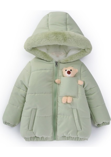 Trend Sevimli Baby Oyuncak Ayı Içi Kürklü Soft Kumaş Cepli Varaklı Kapüşonlu Kışlık Kaban-Mont