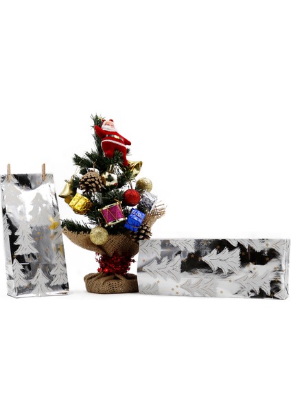Yılbaşı Temalı Metalik Gümüş Kese Kağıdı 8X20X5 cm 10 Adet Model:19 modelleri