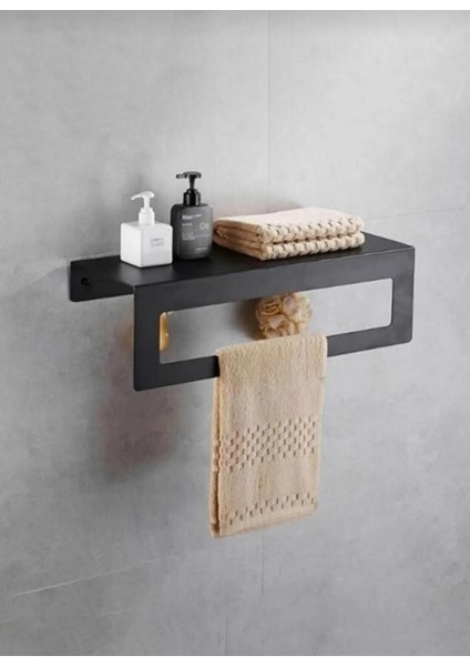 X40 cm Siyah Raflı Vidalı Havlu Askısı, Metal Vidalı Raflı Havluluk, Mutfak, Banyo Raflı