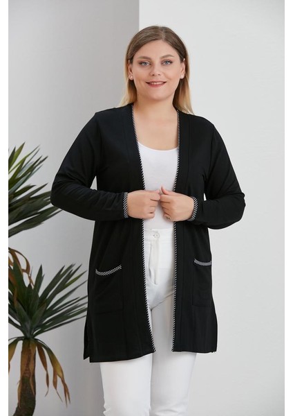 Kadın Siyah Düz Uzun Kollu Cepli Penye Anne Hırka