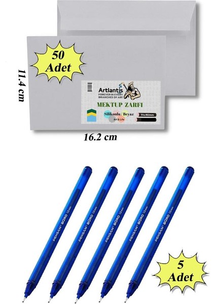 Düğün Para Takı Zarfı Ağzı Yapışkanlı 50 Adet ve 5 Adet Tükenmez Kalem Artlantis Takı Zarfı Beyaz Yapışkanlı