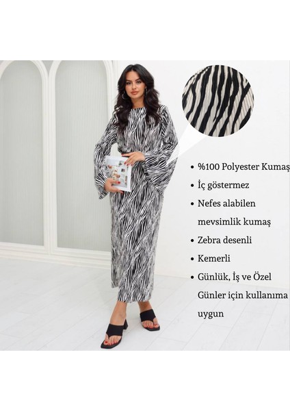Kadın Zebra Desenli Ispanyol Kollu Kemerli Uzun Tesettür Elbise