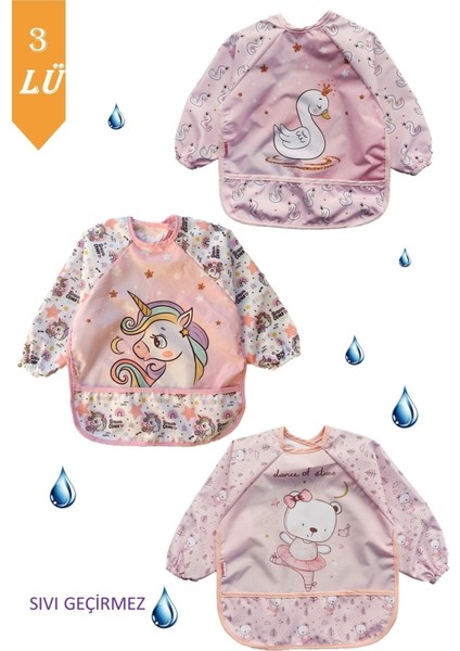 Sıvı Geçirmez 3 Adet Unicorn Kuğu Ayıcık Desen Bebek Mama Önlüğü 0-2 Yaş