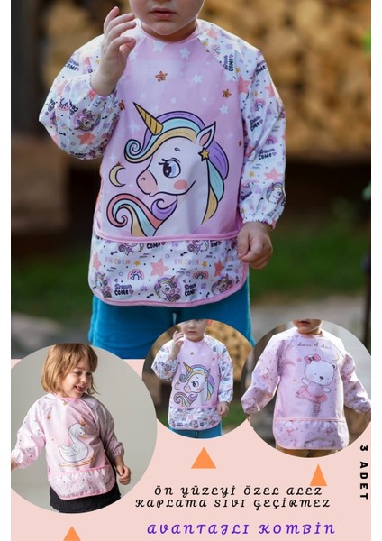 Sıvı Geçirmez 3 Adet Unicorn Kuğu Ayıcık Desen Bebek Mama Önlüğü 0-2 Yaş