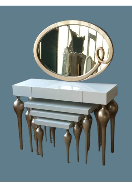 Dresuar-Tombul Zigon Imza Oval Ayna Kayın Mdf Ayak Tabla Parlak Gold-Beyaz Uyum