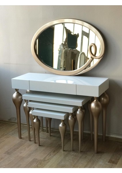 Dresuar-Tombul Zigon Imza Oval Ayna Kayın Mdf Ayak Tabla Parlak Gold-Beyaz Uyum