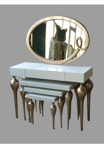 Dresuar-Tombul Zigon Imza Oval Ayna Kayın Mdf Ayak Tabla Parlak Gold-Beyaz Uyum