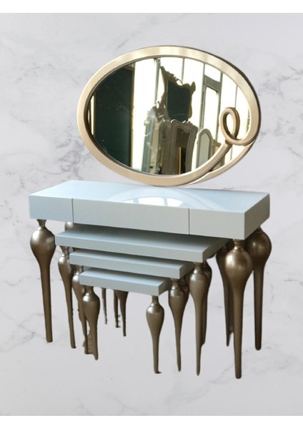 Dresuar-Tombul Zigon Imza Oval Ayna Kayın Mdf Ayak Tabla Parlak Gold-Beyaz Uyum
