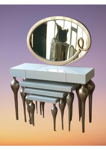 Dresuar-Tombul Zigon Imza Oval Ayna Kayın Mdf Ayak Tabla Parlak Gold-Beyaz Uyum