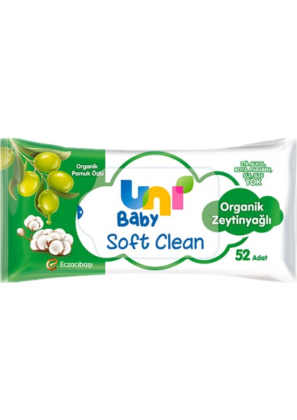 Uni Baby Soft Clean Organik Pamuk Özlü & Organik Zeytinyağlı Islak Mendil 12 x 52 Adet