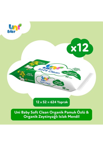 Uni Baby Soft Clean Organik Pamuk Özlü & Organik Zeytinyağlı Islak Mendil 12 x 52 Adet