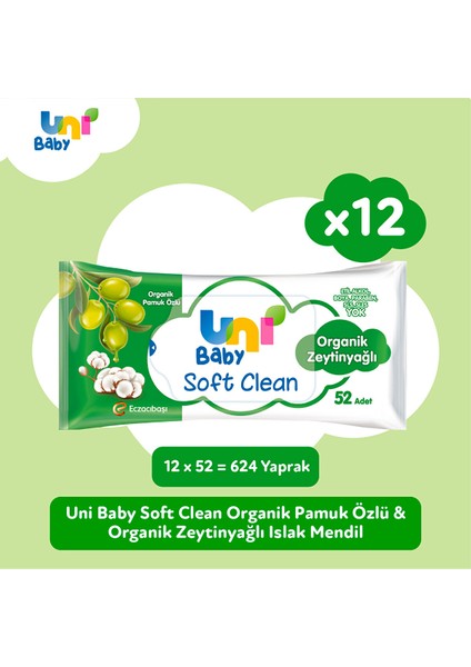 Uni Baby Soft Clean Organik Pamuk Özlü & Organik Zeytinyağlı Islak Mendil 12 x 52 Adet