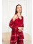 Bordo Ekose Soft Kadife Truvakar Kol Ip Askılı Pantolon 3lü Pijama Takım 2