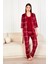 Bordo Ekose Soft Kadife Truvakar Kol Ip Askılı Pantolon 3lü Pijama Takım 3