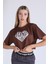 5164 Caramel Baskı Crop Tshirt Kahve 1