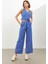 Mavi Keten Yüksek Bel Wide Leg Pantolon 1