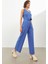 Mavi Keten Yüksek Bel Wide Leg Pantolon 3