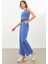 Mavi Keten Yüksek Bel Wide Leg Pantolon 4
