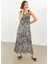 Siyah Desenli Yırtmaçlı Maxi Elbise 5