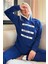 Lacivert Three Line Desenli Kapşonlu Peluş Polar Pijama Takımı 1