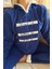 Lacivert Three Line Desenli Kapşonlu Peluş Polar Pijama Takımı 4