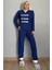 Lacivert Three Line Desenli Kapşonlu Peluş Polar Pijama Takımı 5