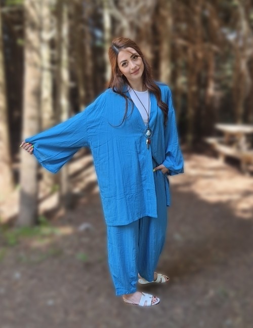 Moda Derin Mavi Renk Kimona Takım