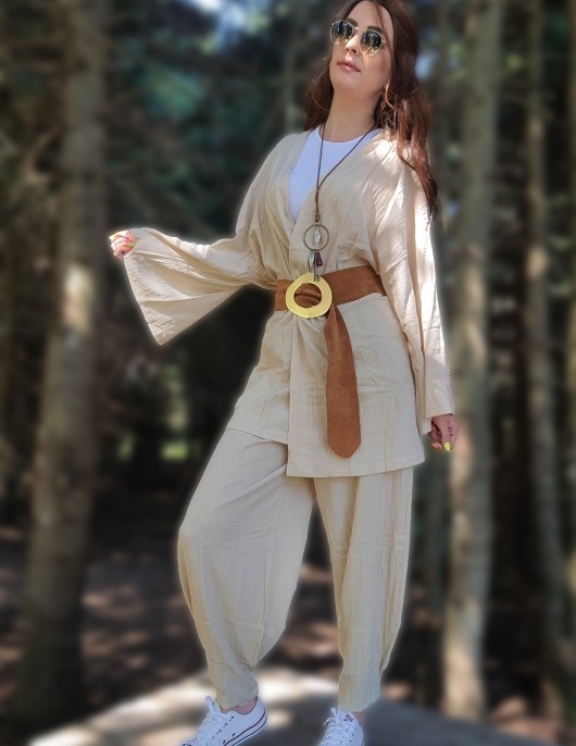 Moda Derin Vizon Renk Kimona Takım