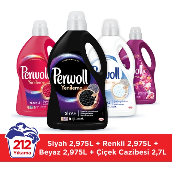 Perwoll Yenileme Renkli 2.97L & Perwoll Yenileme Siyah 2.97L & Perwoll Yenileme Beyaz 2.97L & Perwoll Yenileme Çiçek Cazibesi Renkliler 2.75L (4'lü Set)