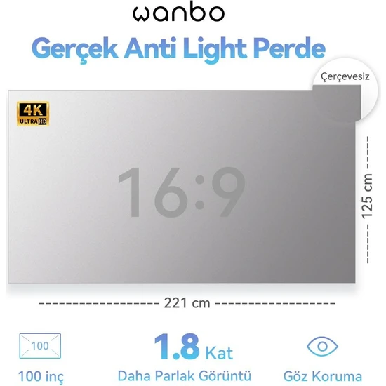 Wanbo 100 Inç Anti-Light Projeksiyon Perdesi 221X125 cm