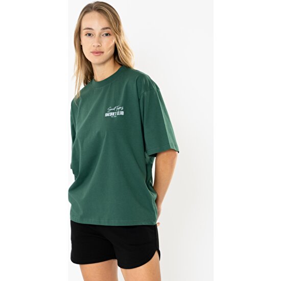 Coredra Racquet Lover Oversize T-Shirt Kadın - Yeşil
