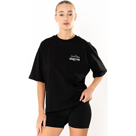 Coredra Racquet Lover Oversize T-Shirt Kadın - Siyah