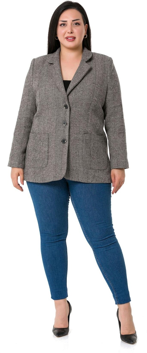 Disentis Modest Büyük Beden Cepli Balıksırtı Blazer Astarlı Ekru Ceket görsel 6