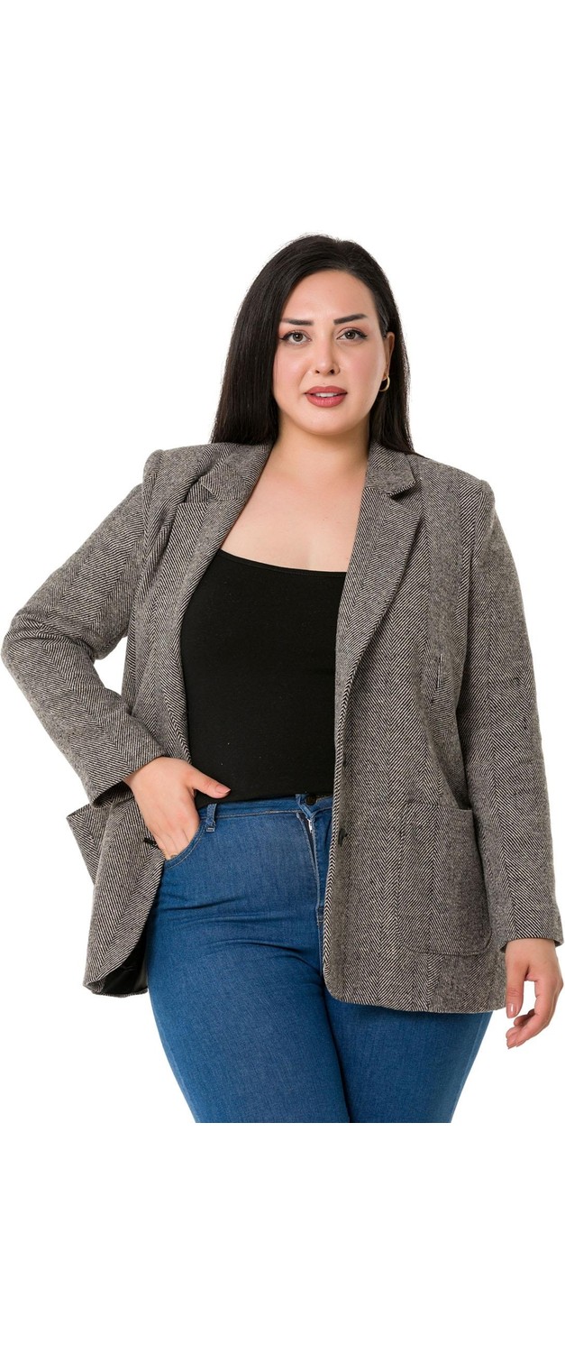 Disentis Modest Büyük Beden Cepli Balıksırtı Blazer Astarlı Ekru Ceket görsel 7