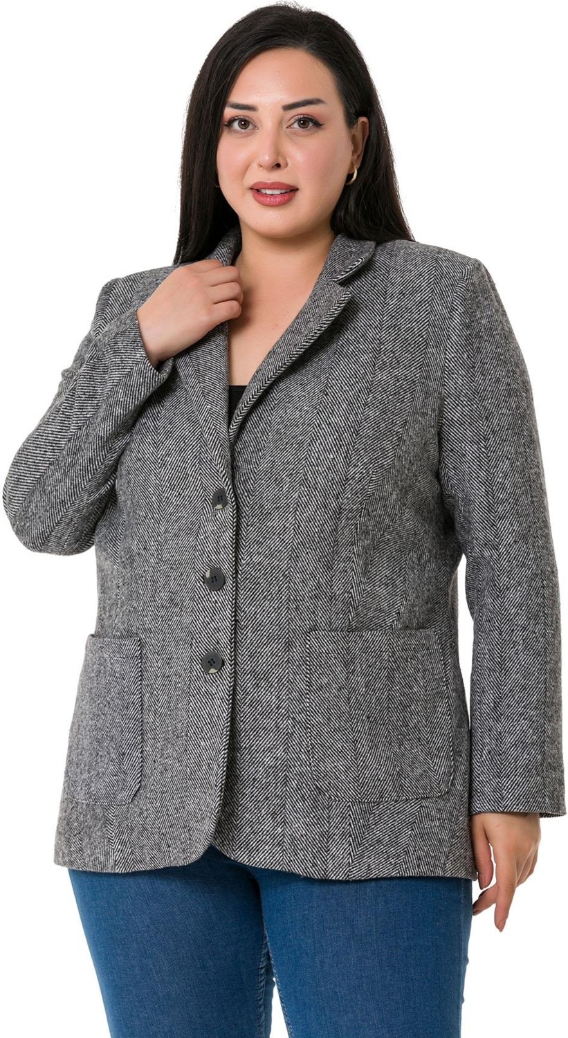 Disentis Modest Büyük Beden Cepli Balıksırtı Blazer Astarlı Ekru Ceket görsel 5