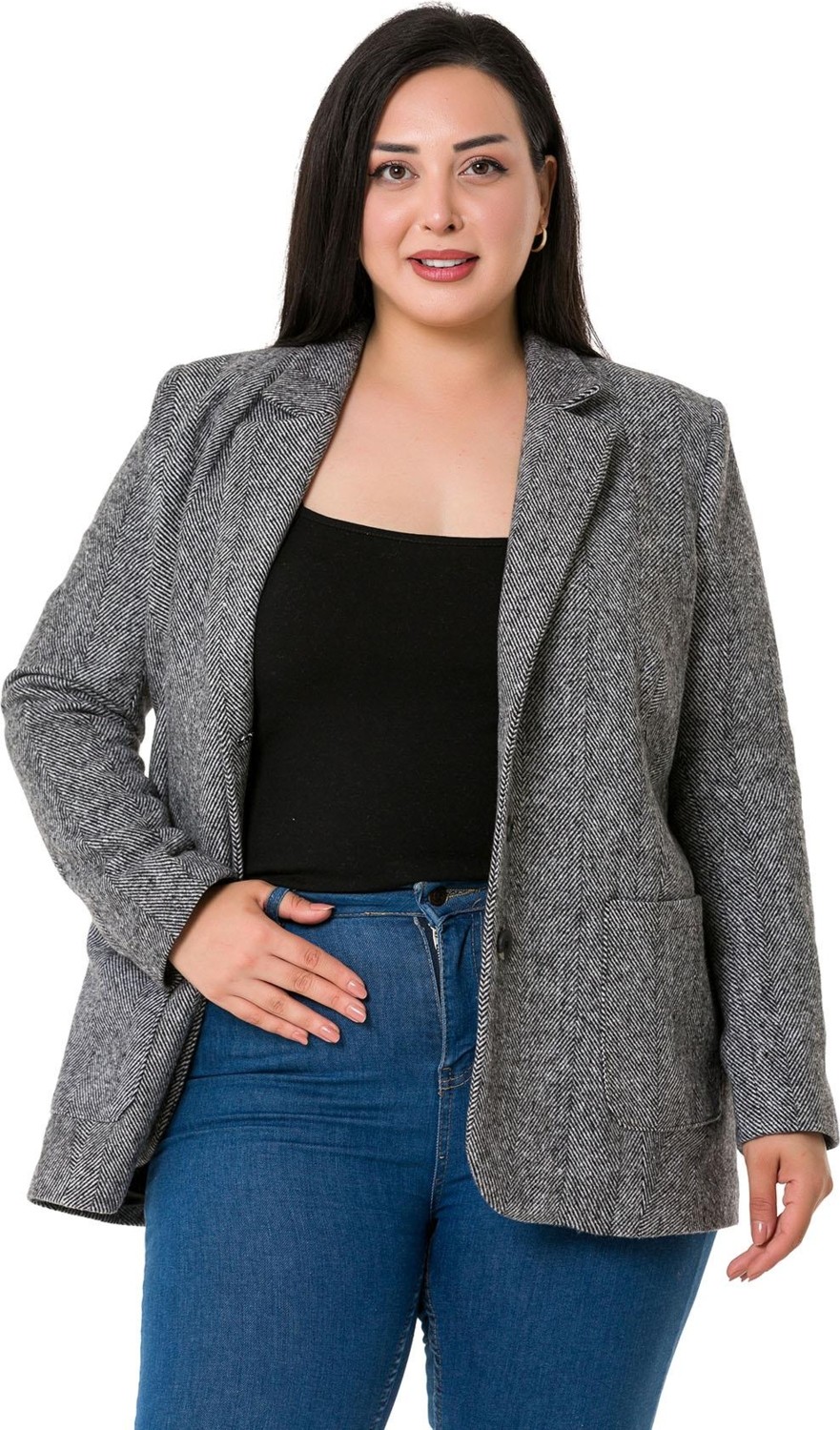 Disentis Modest Büyük Beden Cepli Balıksırtı Blazer Astarlı Ekru Ceket görsel 2