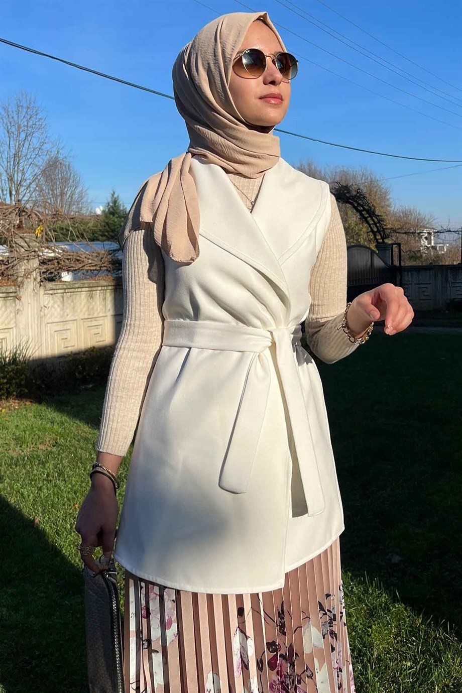 Rabia Şamlı Bej Çiçekli Plise Etek görsel 5