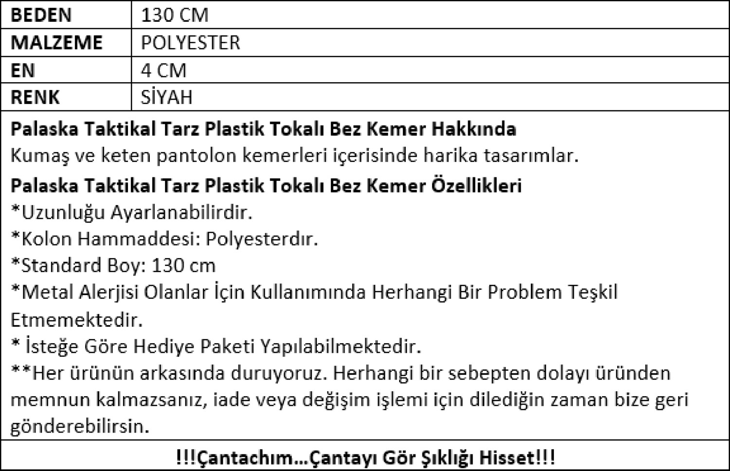 Çantachım Palaska Bez Kemer Taktikal Tarz Plastik Tokalı Siyah görsel 6