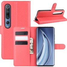 4U Sky Litchi Cilt Cüzdan Deri Kapak Xiaomi Mi 10/10 Pro-Kırmızı Için Stand Kılıfı (Yurt Dışından)