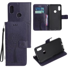 4U Sky Baskı Ağacı Baykuş Cüzdan Standı Deri Flip Telefon Kılıfı Xiaomi Redmi Not 7s/not 7/not 7 Pro (Hindistan) -Bark Purple (Yurt Dışından)