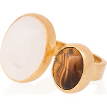 Gümüşcüm Kaplan Gözü ve Ay Taşlı Altın Kaplama Kadın Yüzük